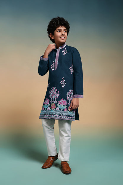 Premium Teal Blue Viscose Silk Multi Thread Work Kurta Pajama Set