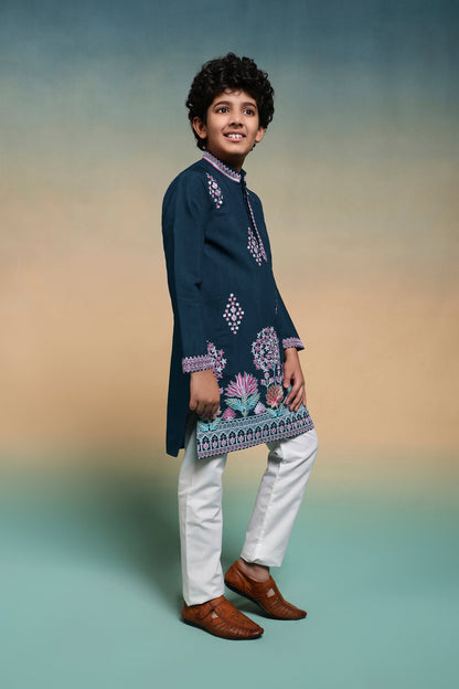 Premium Teal Blue Viscose Silk Multi Thread Work Kurta Pajama Set
