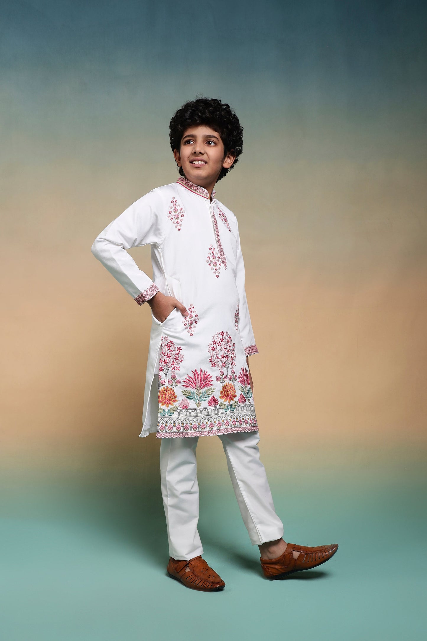 Stylish Viscose Silk Multi Thread Work Kurta Pajama Set For Boy