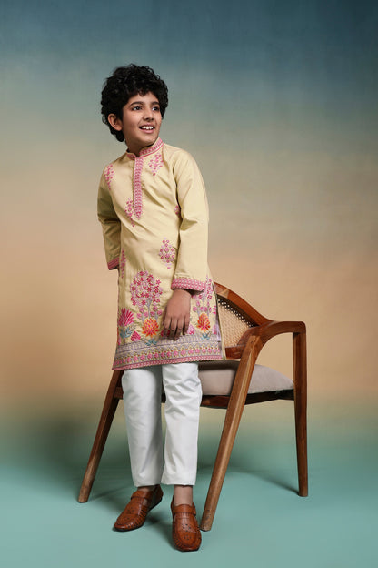 Bright Yellow Viscose Silk Embroidered Work Kurta Pant Set