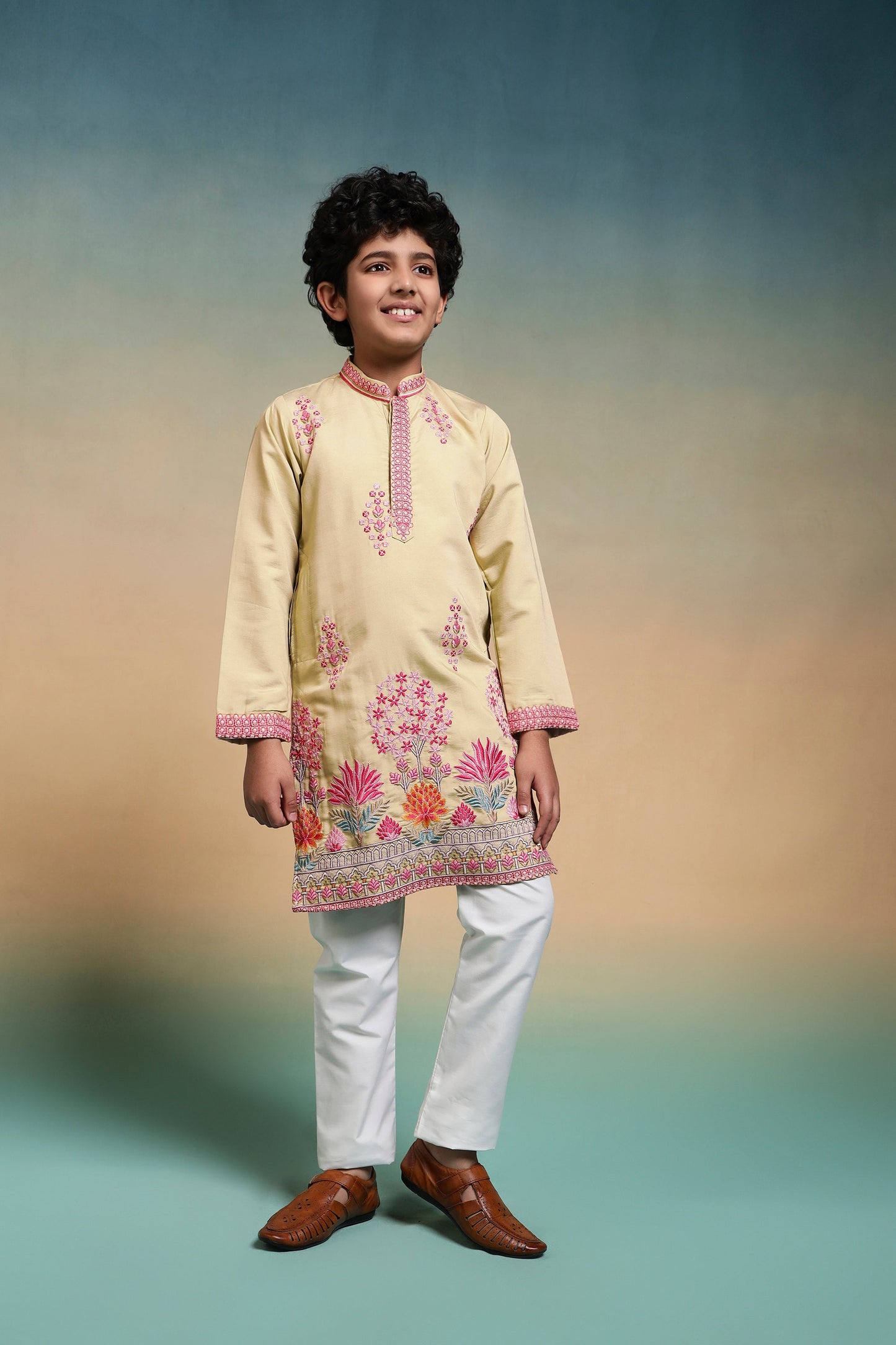 Bright Yellow Viscose Silk Embroidered Work Kurta Pant Set