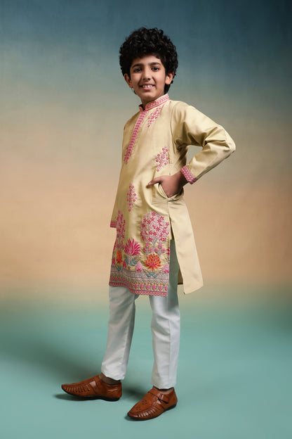 Bright Yellow Viscose Silk Embroidered Work Kurta Pant Set