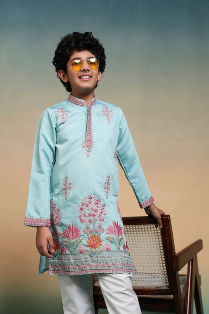 Traditional Sky Viscose Silk Multi Thread Work Kurta Set For Kids