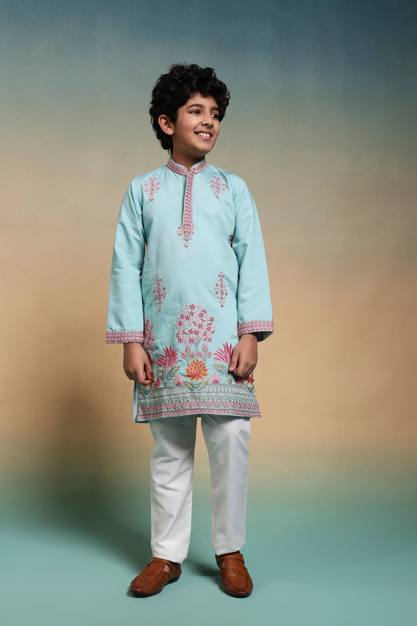 Traditional Sky Viscose Silk Multi Thread Work Kurta Set For Kids