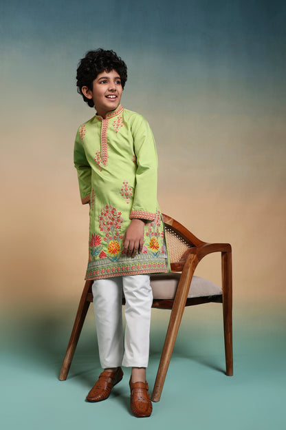 Ethnic Pista Viscose Silk Embroidered Work Kurta Set