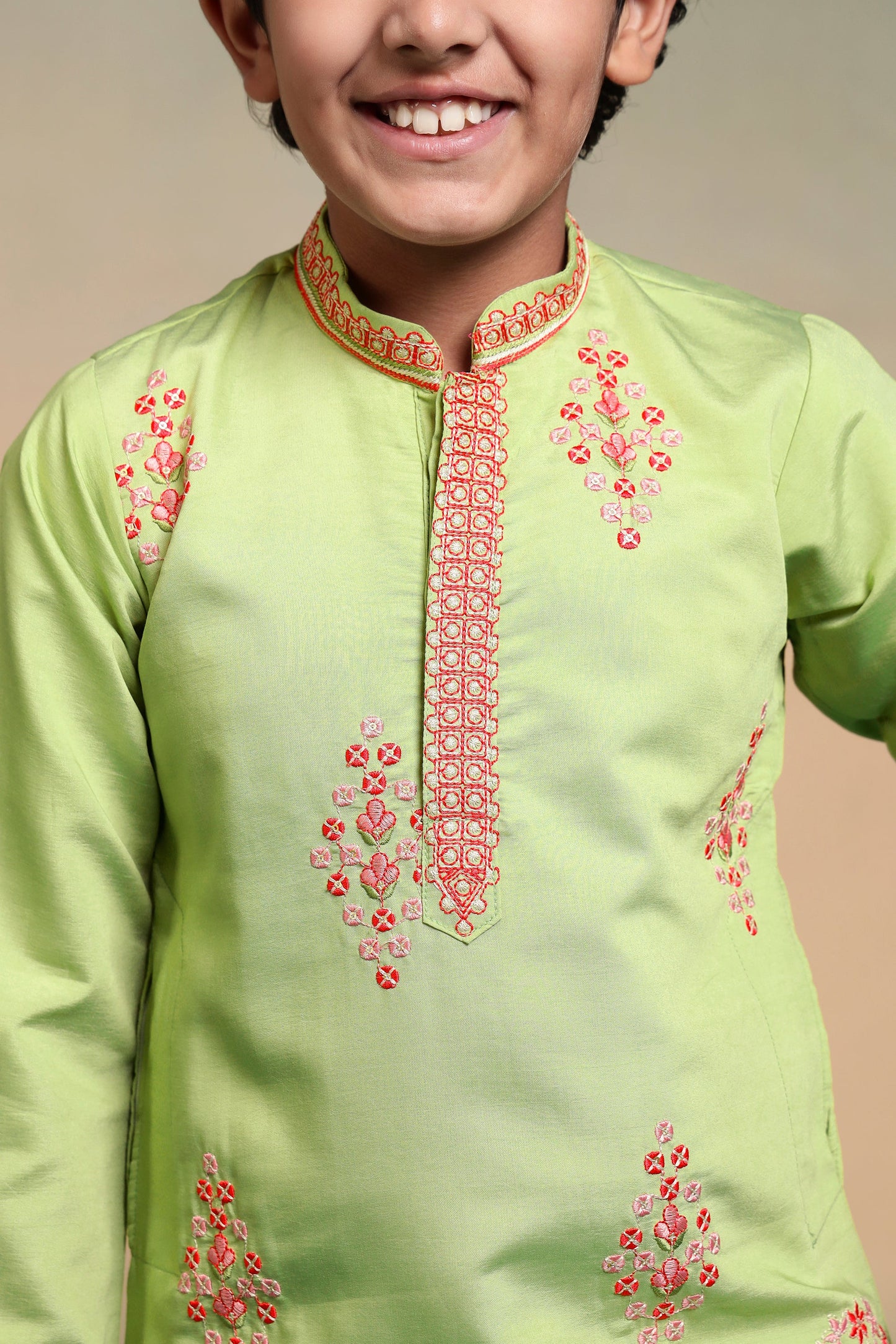 Ethnic Pista Viscose Silk Embroidered Work Kurta Set