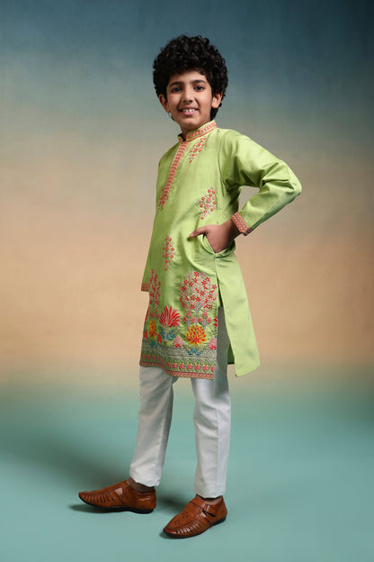 Ethnic Pista Viscose Silk Embroidered Work Kurta Set