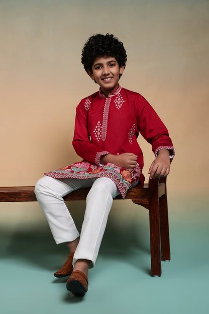 Royal Red Embroidered Work Kurta & Pant For Kids Wear