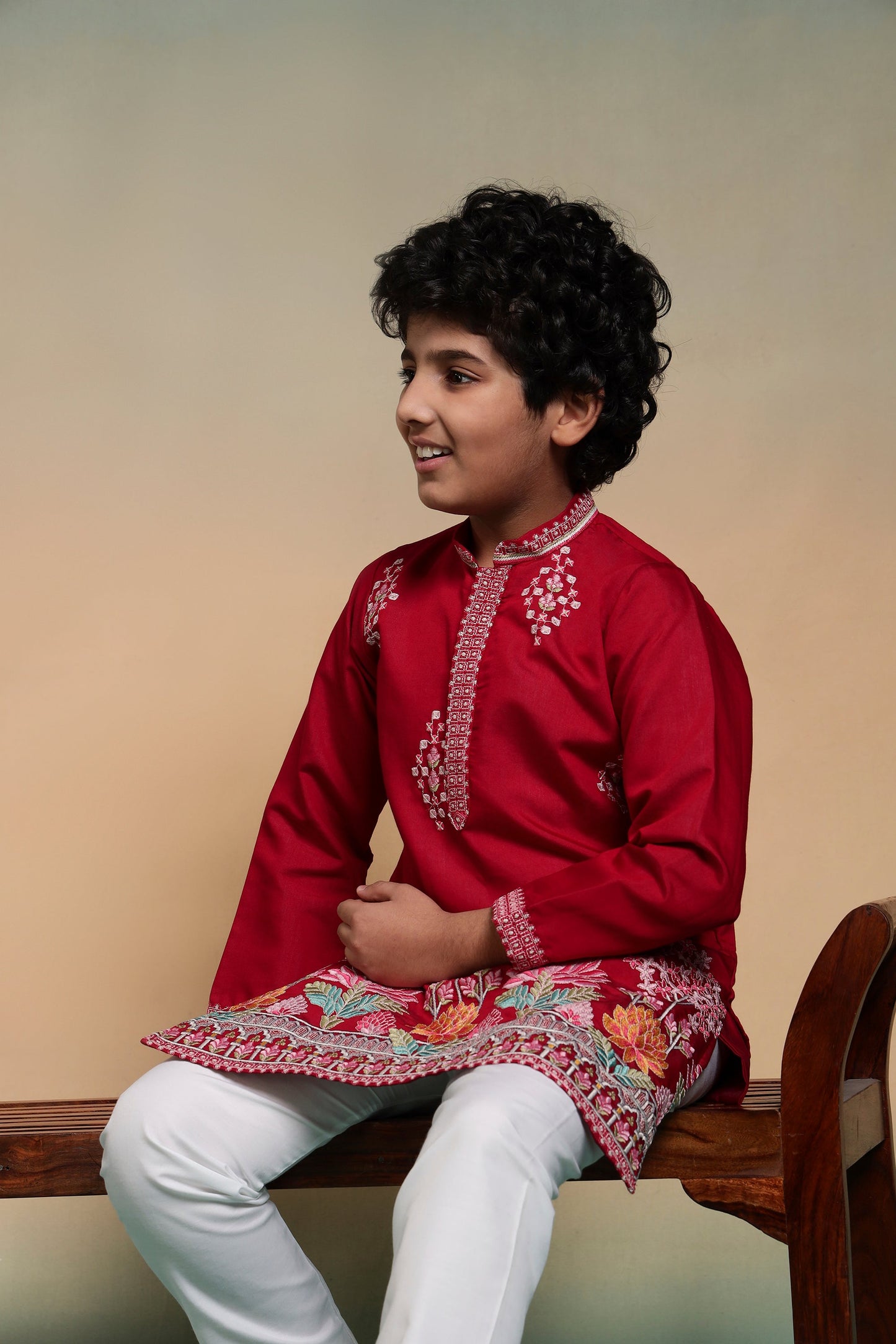 Royal Red Embroidered Work Kurta & Pant For Kids Wear