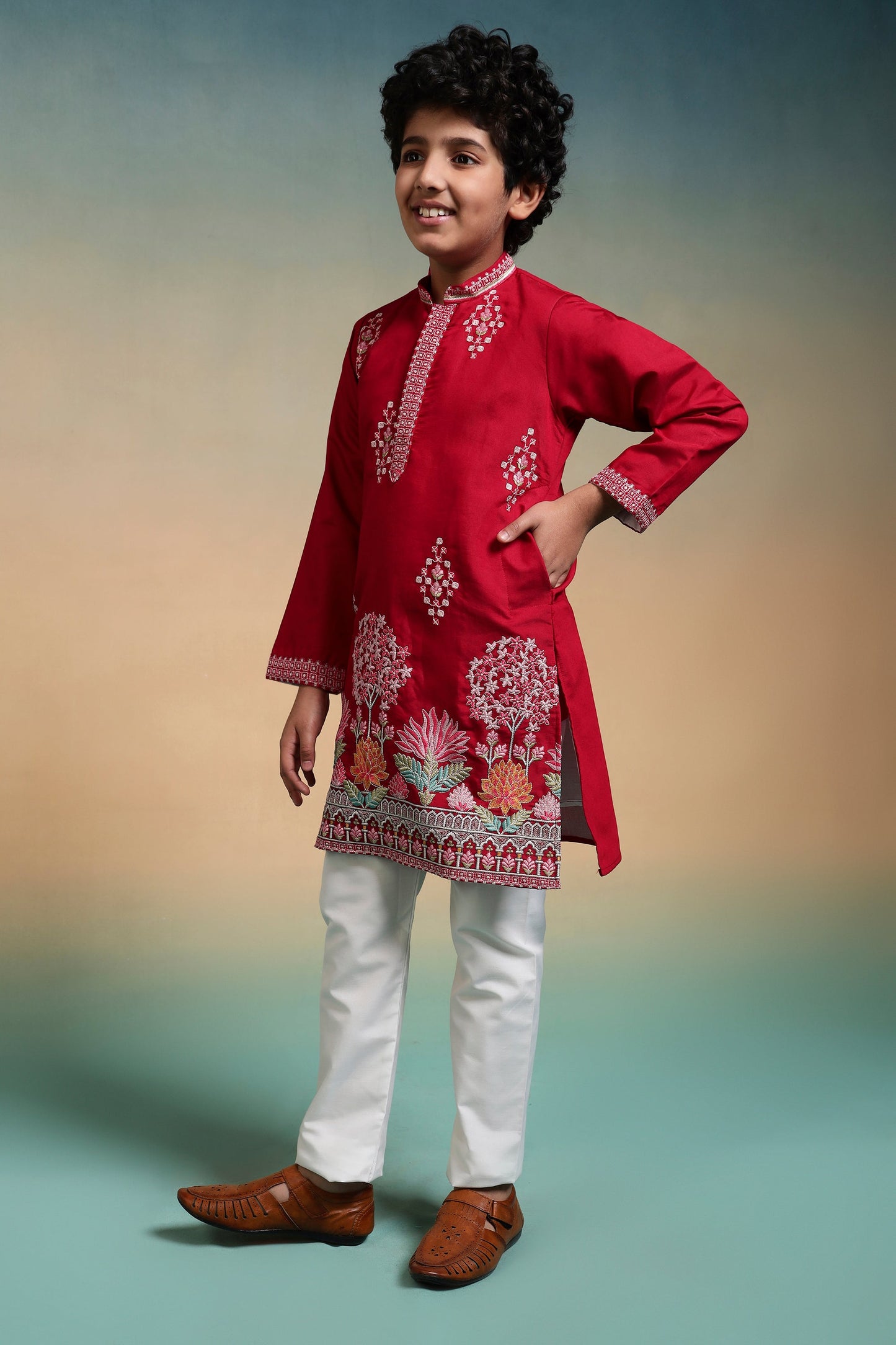 Royal Red Embroidered Work Kurta & Pant For Kids Wear