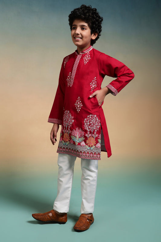 Royal Red Embroidered Work Kurta & Pant For Kids Wear