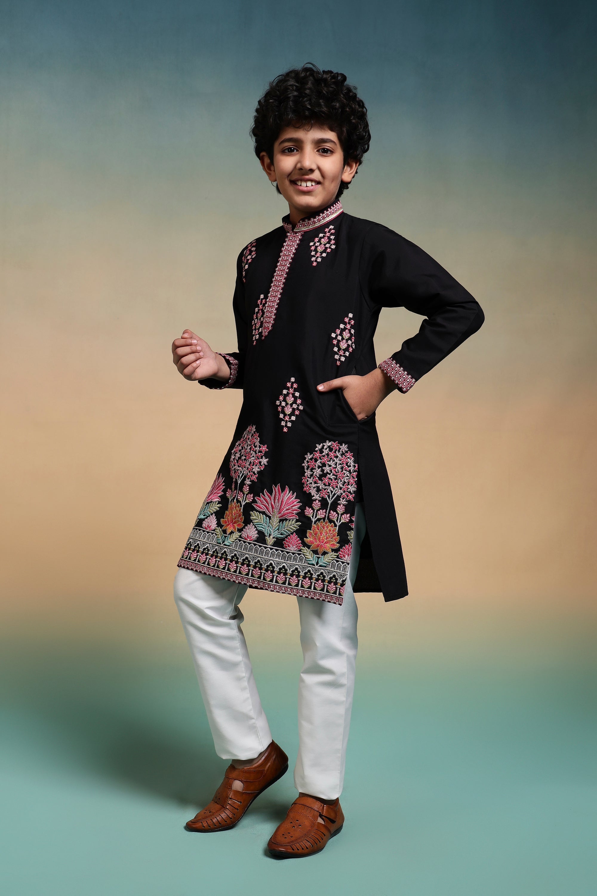 Classic Black Multi Thread Sequence Work Kurta Set