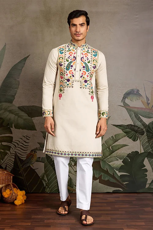 Beige Color Special Embroidered Kurta for Mens Wear