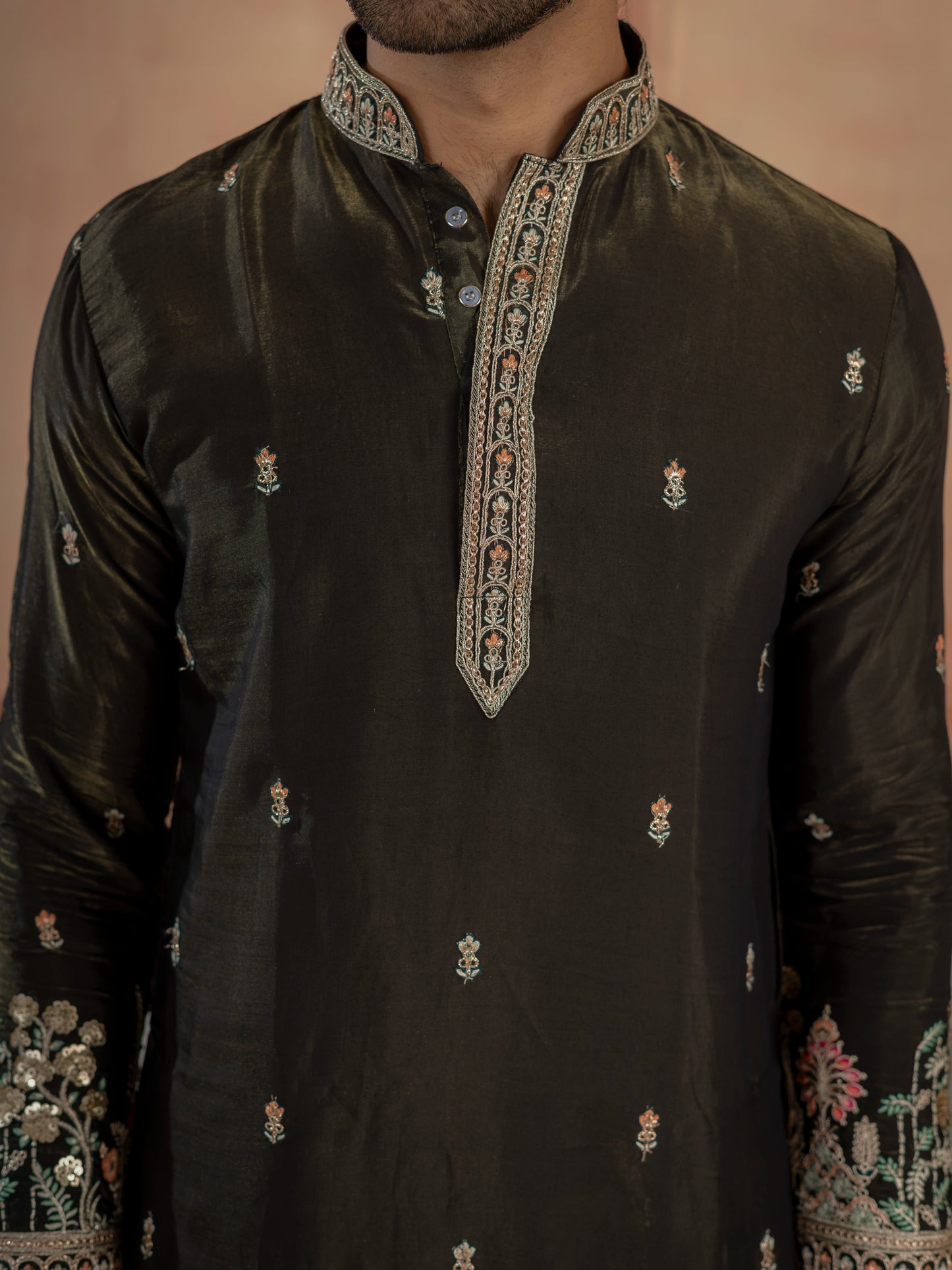 Black Roman Shimmer Double Golden Sequence Work Kurta For Mens
