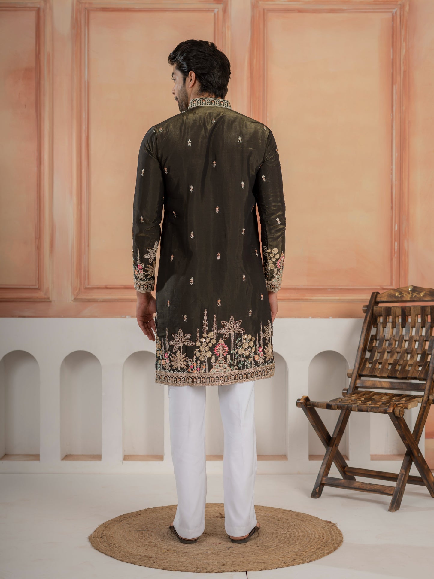 Black Roman Shimmer Double Golden Sequence Work Kurta For Mens
