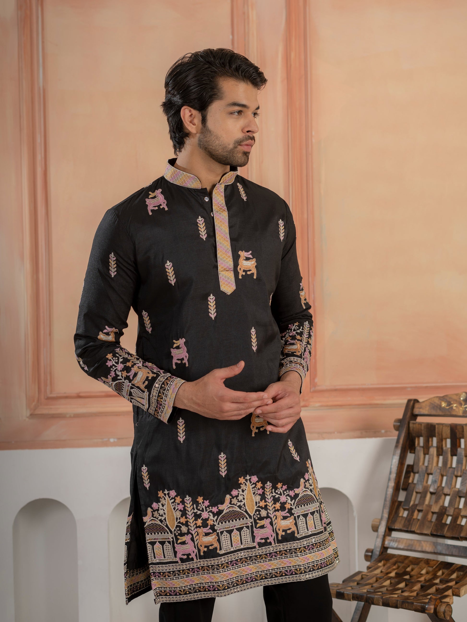 Designer Black Soft Silk Embroidered Work Kurta Set For Men