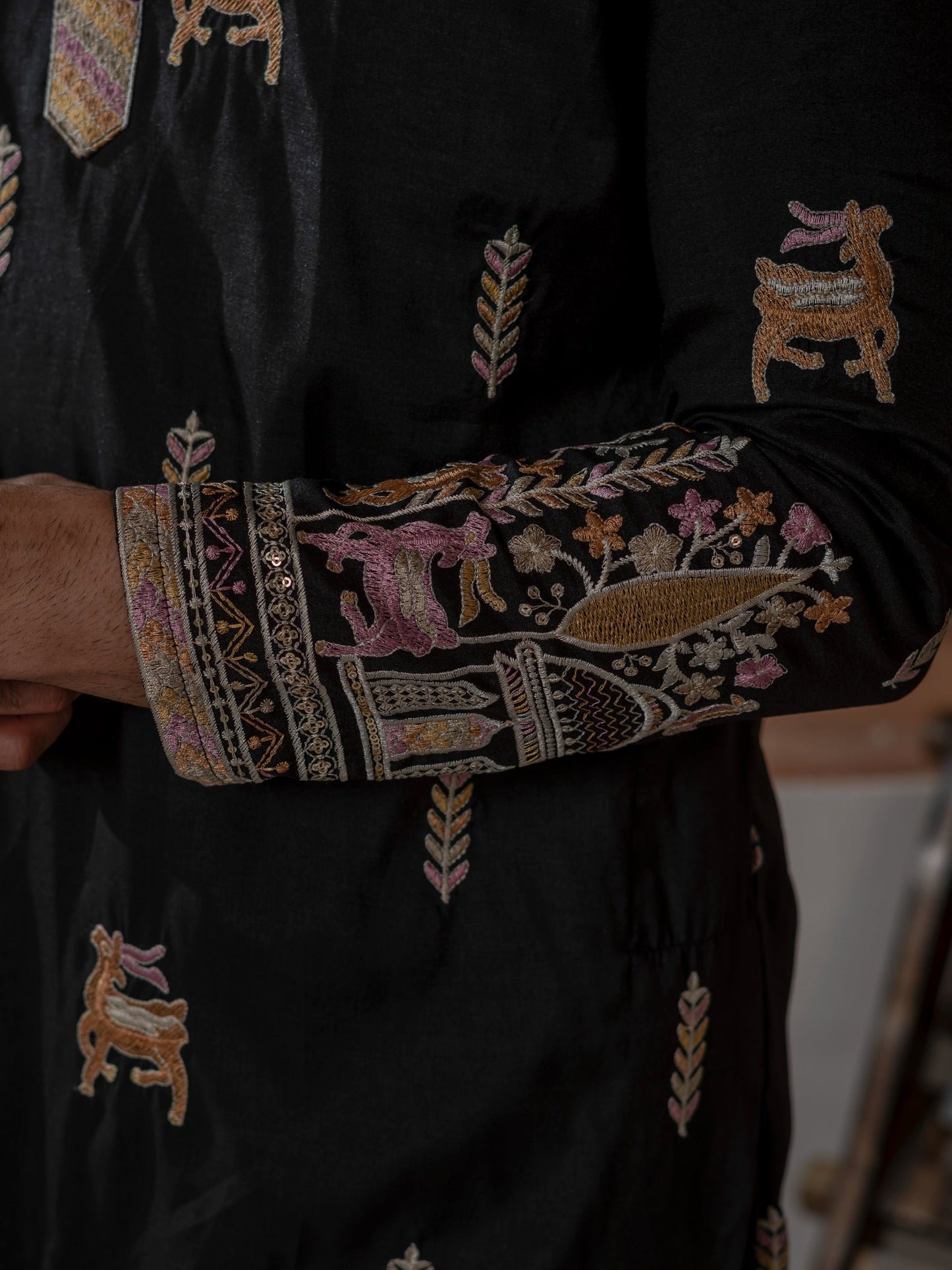 Designer Black Soft Silk Embroidered Work Kurta Set For Men