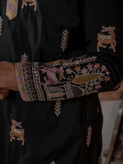 Designer Black Soft Silk Embroidered Work Kurta Set For Men