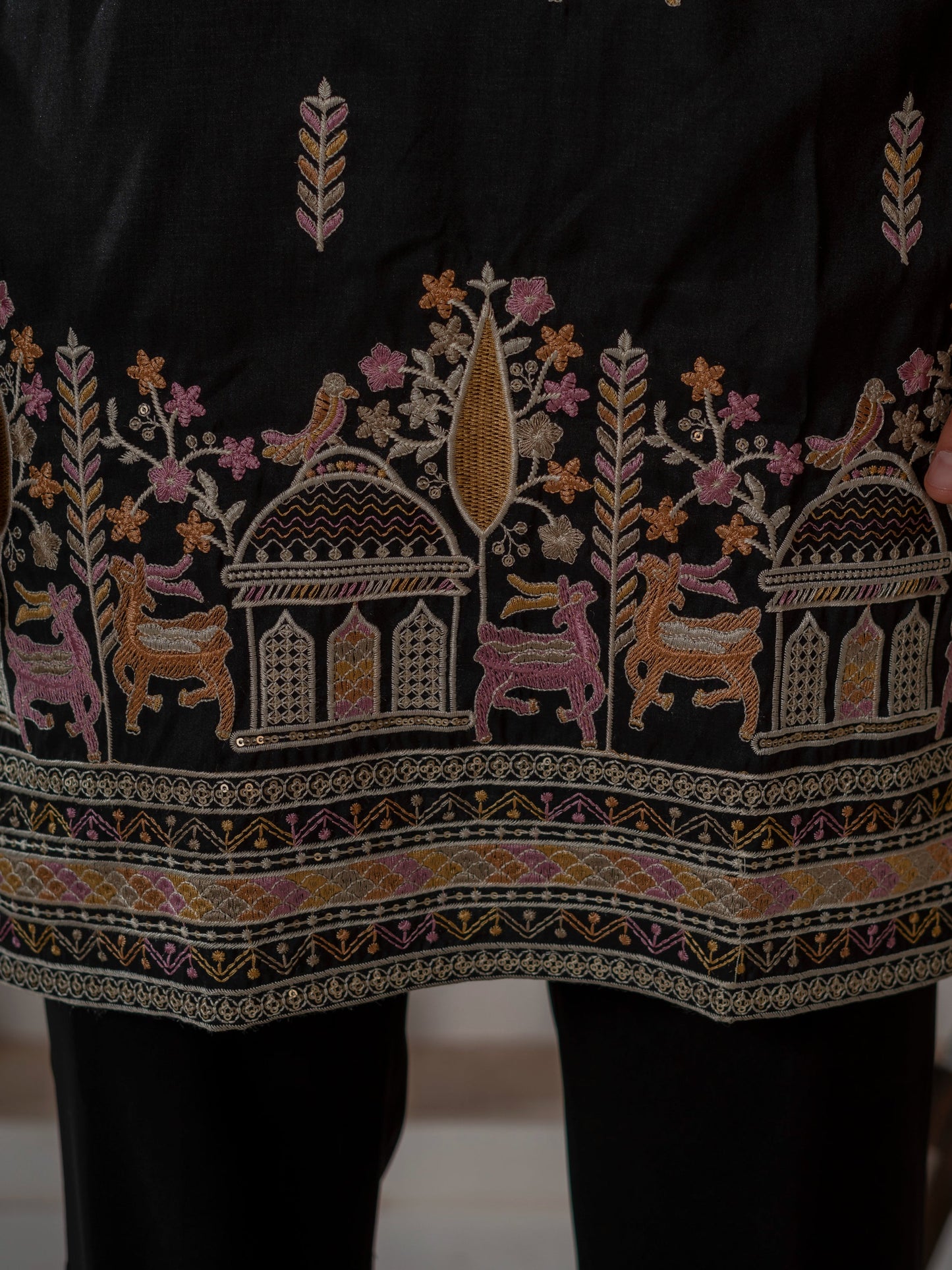 Designer Black Soft Silk Embroidered Work Kurta Set For Men