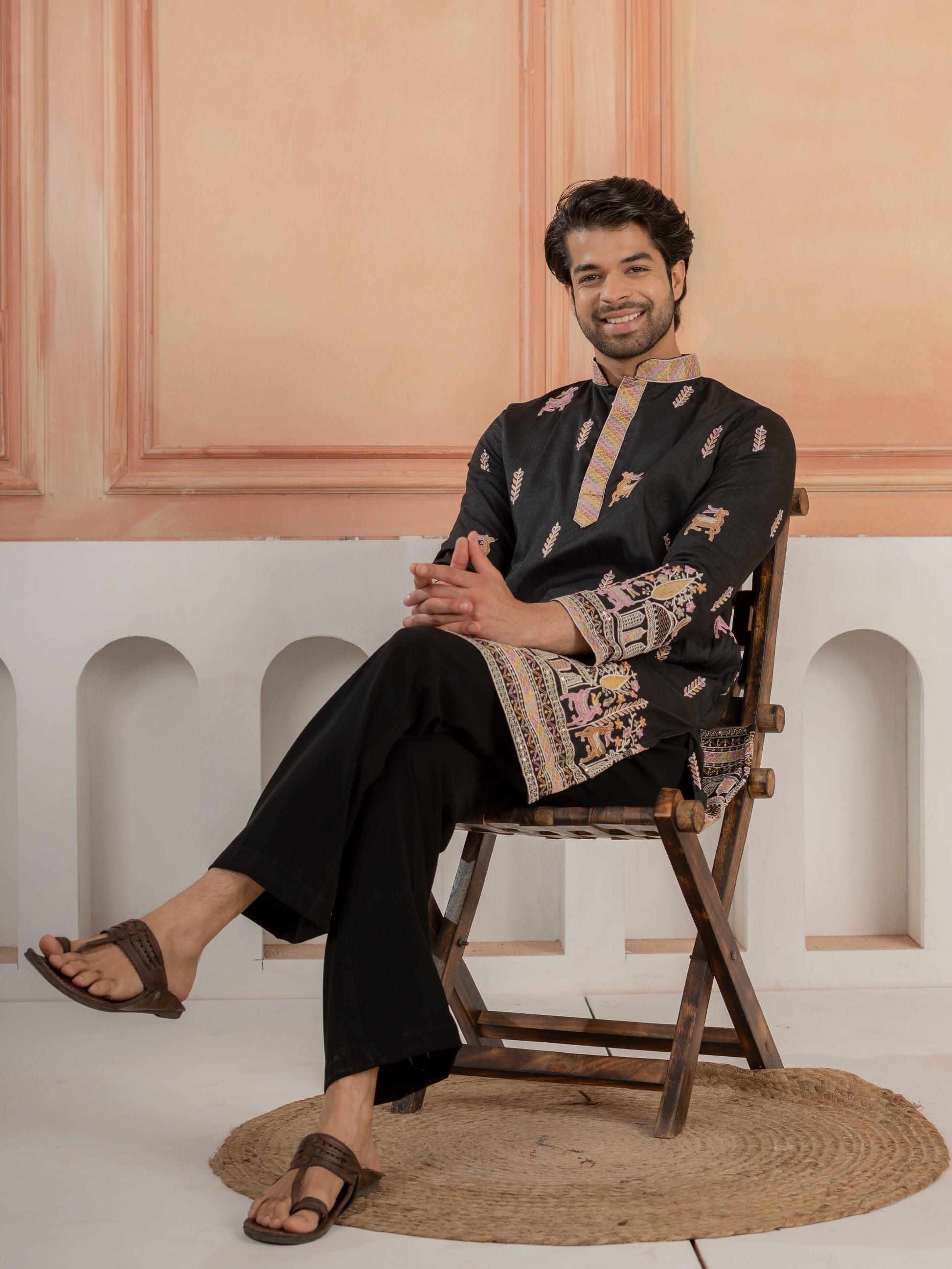 Designer Black Soft Silk Embroidered Work Kurta Set For Men