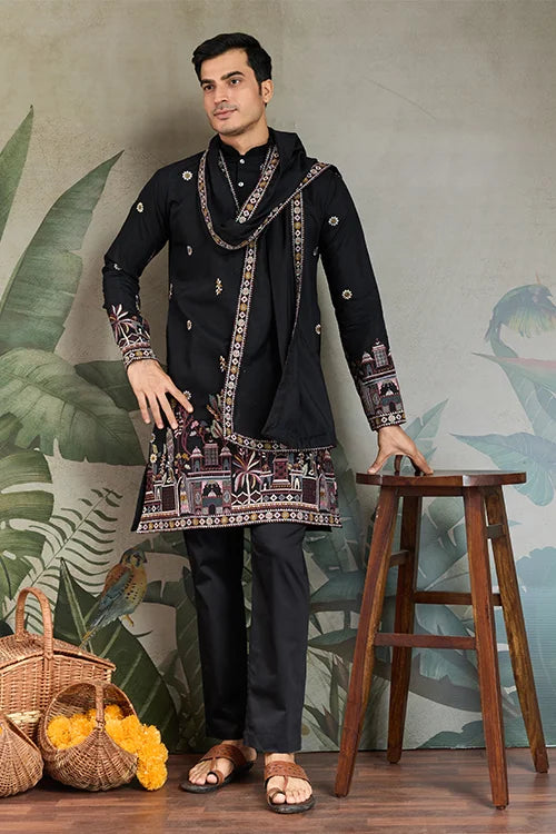 Classic Black Kurta Pajama for Men with Rich Embroidery
