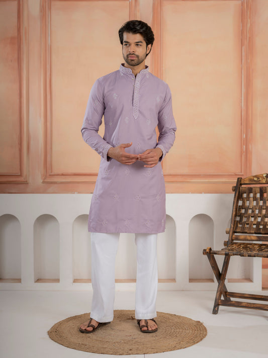 Lavender Soft Cotton Kurta Set with Traditional Butta Work
