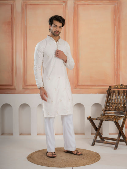 Classic White Soft Cotton Val-Moti Butta Work Kurta Outfit for Men

