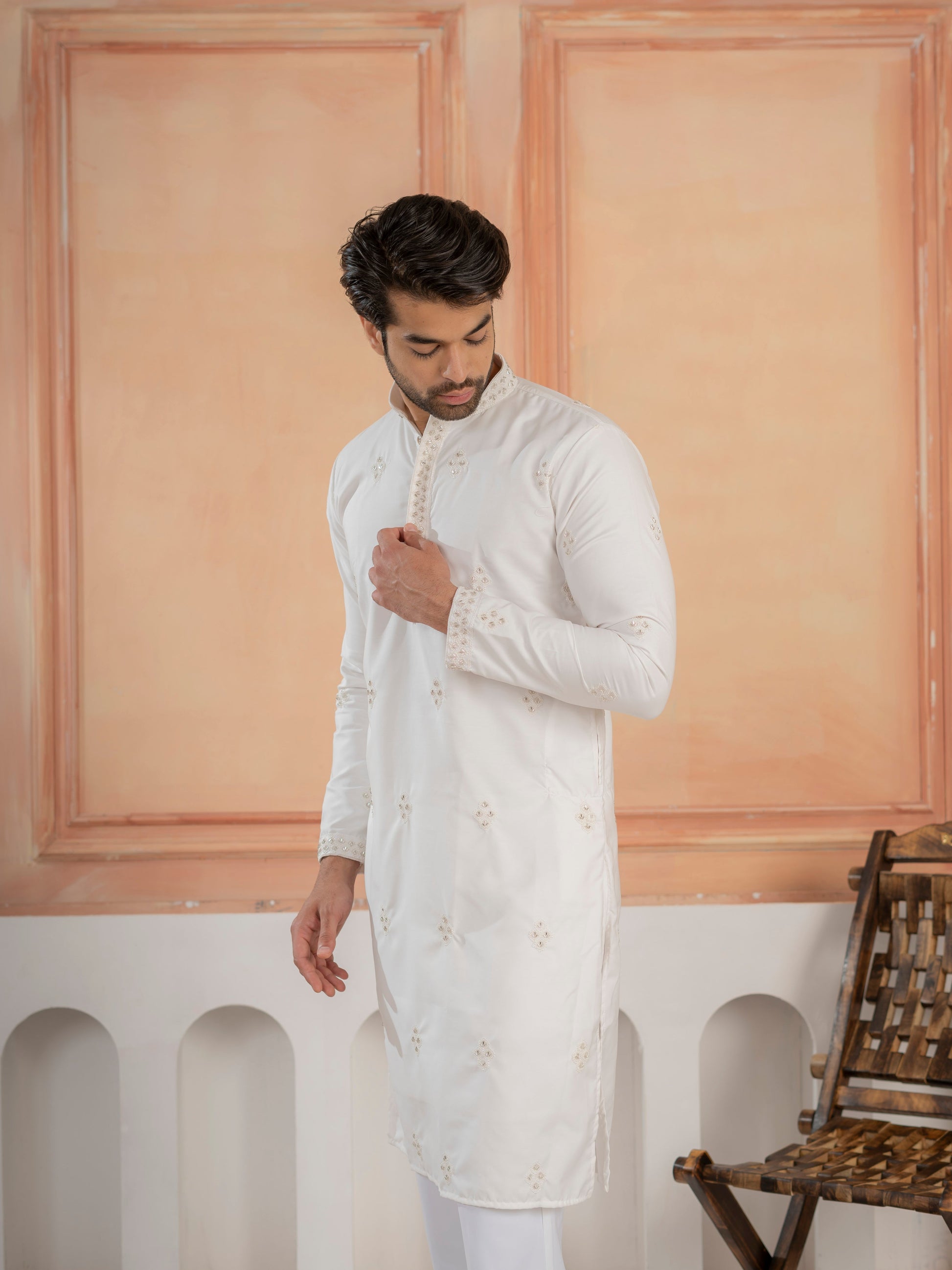 Classic White Soft Cotton Val-Moti Butta Work Kurta Outfit for Men
