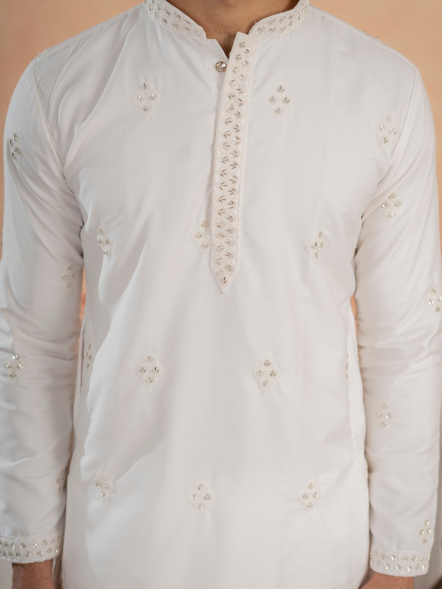 Classic White Soft Cotton Val-Moti Butta Work Kurta Outfit for Men

