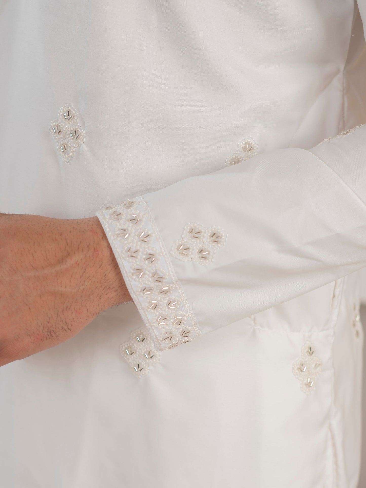 Classic White Soft Cotton Val-Moti Butta Work Kurta Outfit for Men
