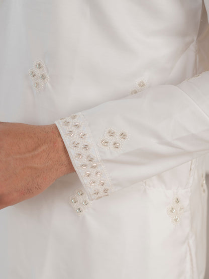 Classic White Soft Cotton Val-Moti Butta Work Kurta Outfit for Men

