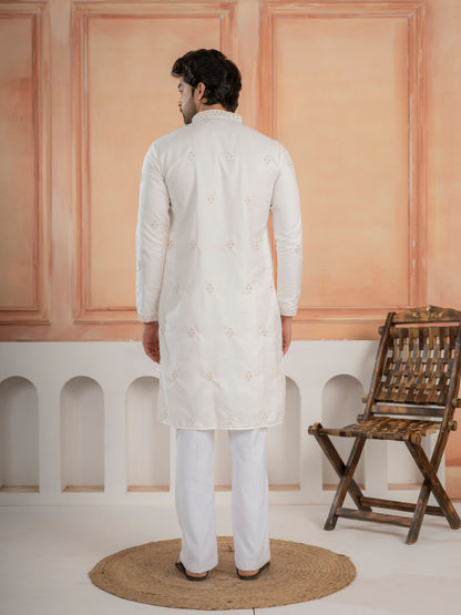 Classic White Soft Cotton Val-Moti Butta Work Kurta Outfit for Men
