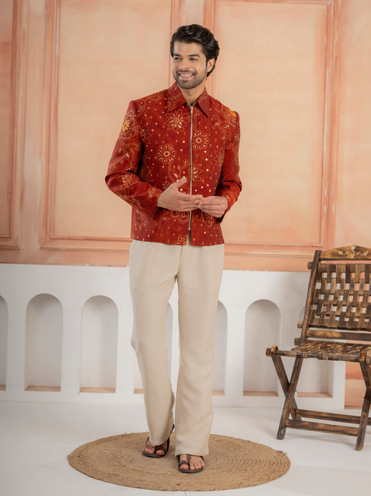 Cosmic orange Khadi Silk Mirror Work Bomber Jacket & Beige Pant
