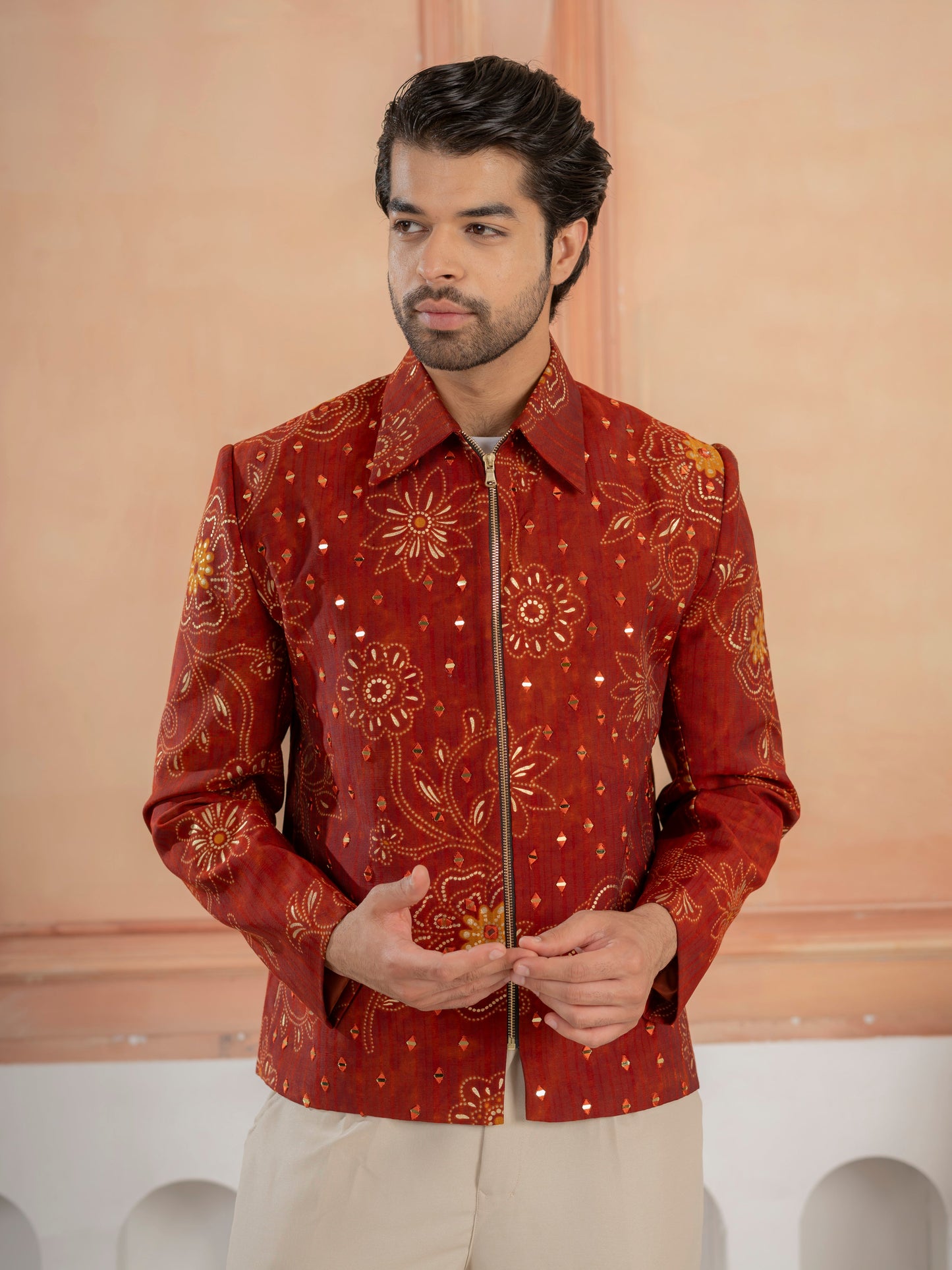 Cosmic orange Khadi Silk Mirror Work Bomber Jacket & Beige Pant
