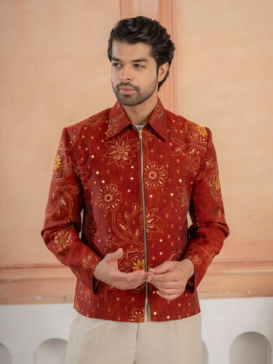 Cosmic orange Khadi Silk Mirror Work Bomber Jacket & Beige Pant
