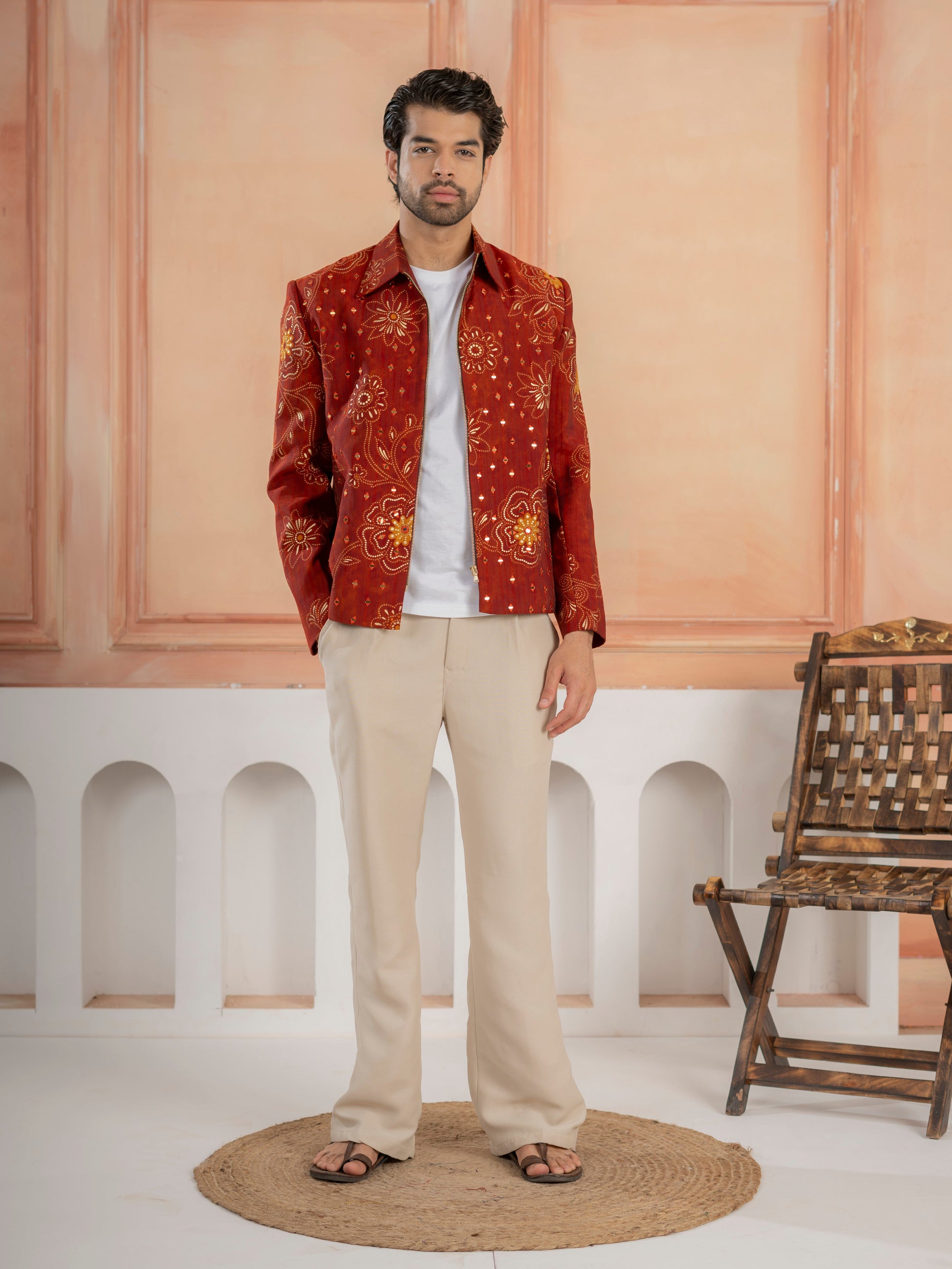 Cosmic orange Khadi Silk Mirror Work Bomber Jacket & Beige Pant
