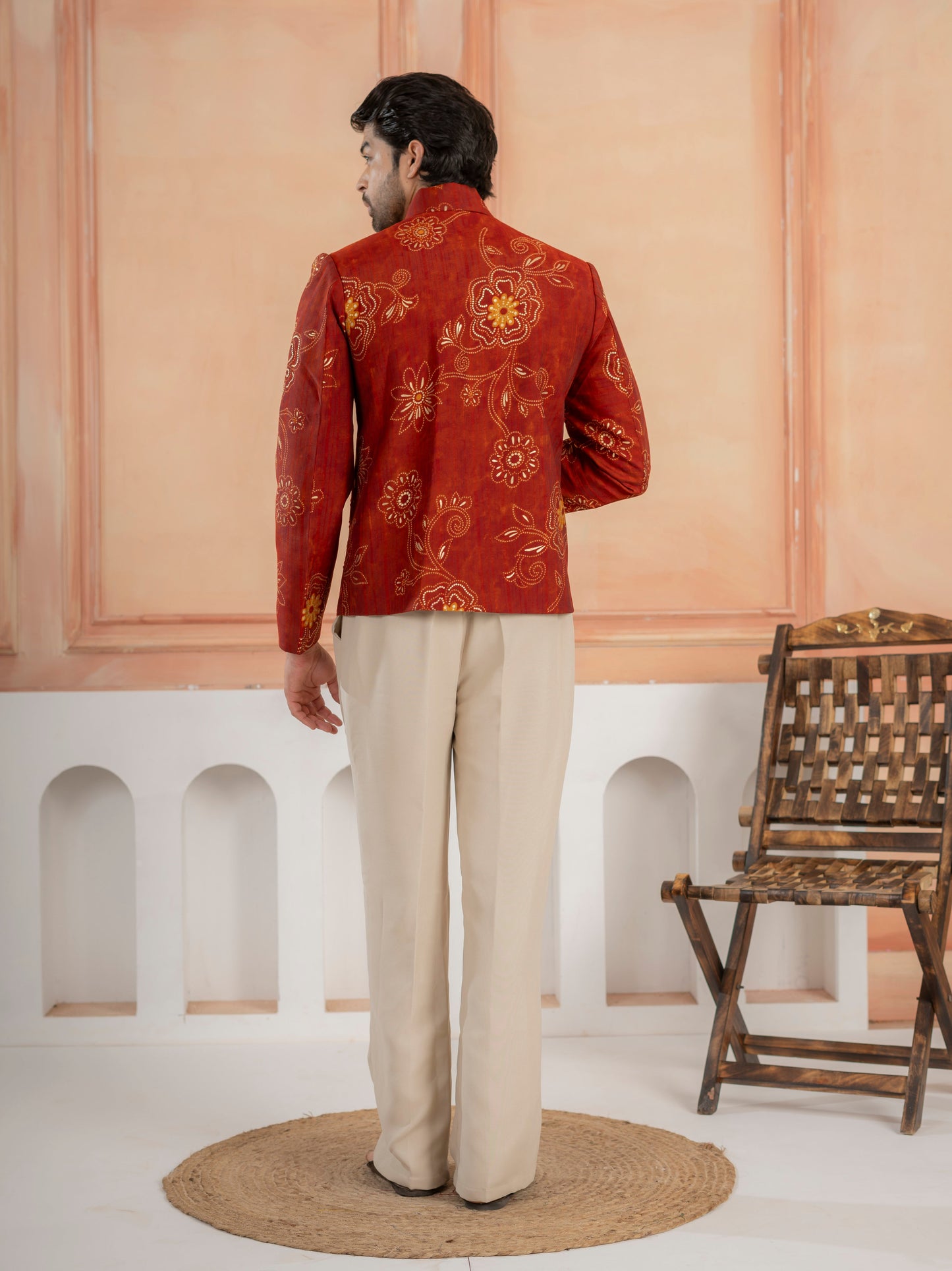 Cosmic orange Khadi Silk Mirror Work Bomber Jacket & Beige Pant
