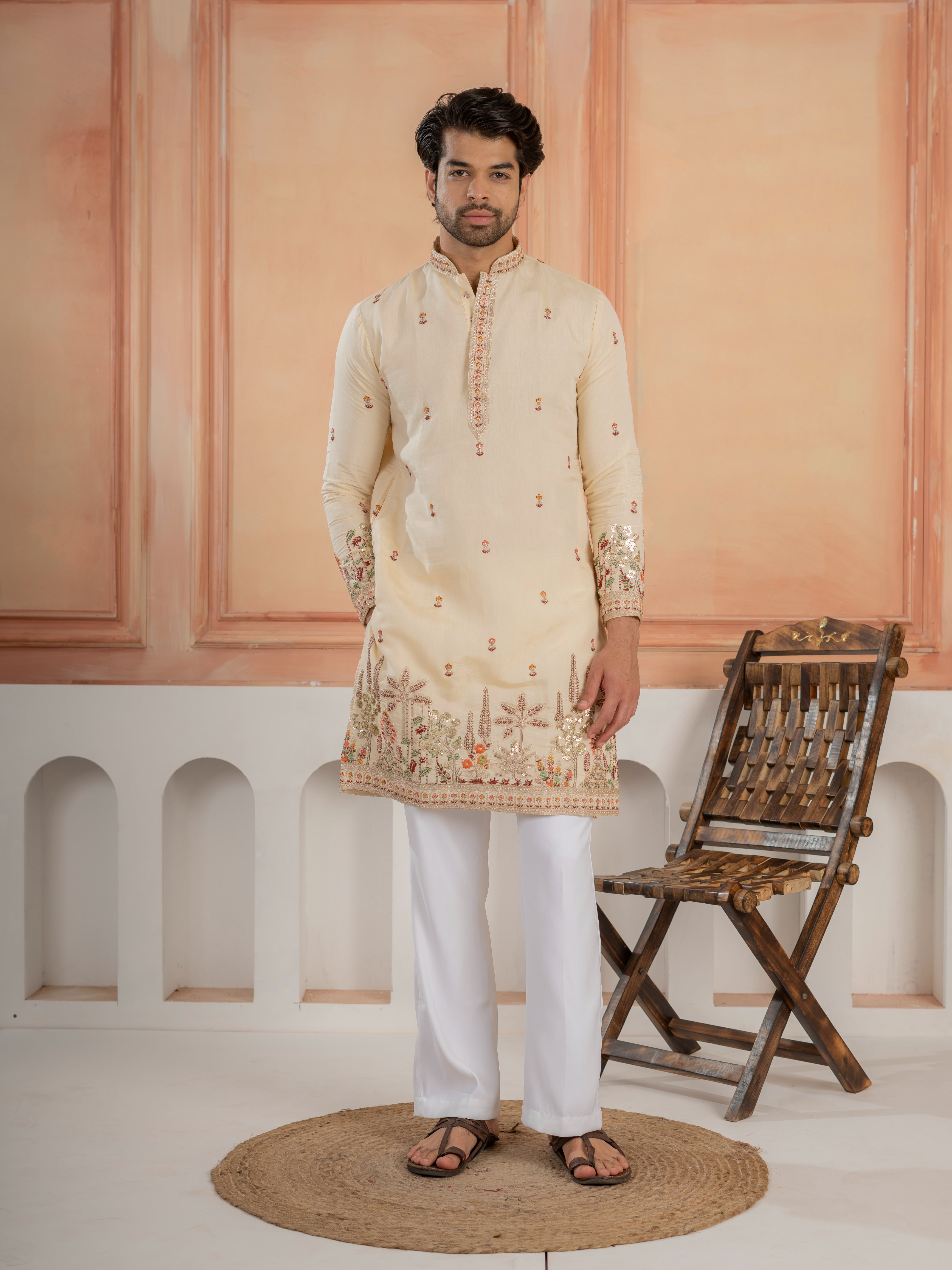 Cream Roman Shimmer Multi Color Embroidered Kurta For Festive Wear