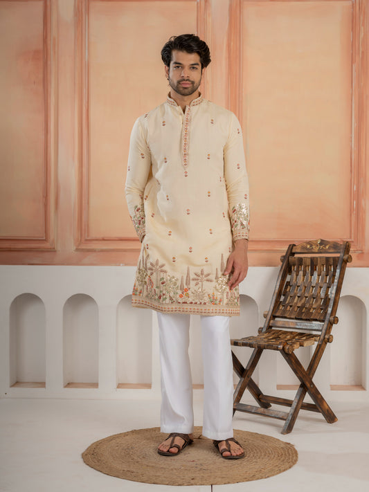 Cream Roman Shimmer Multi Color Embroidered Kurta For Festive Wear