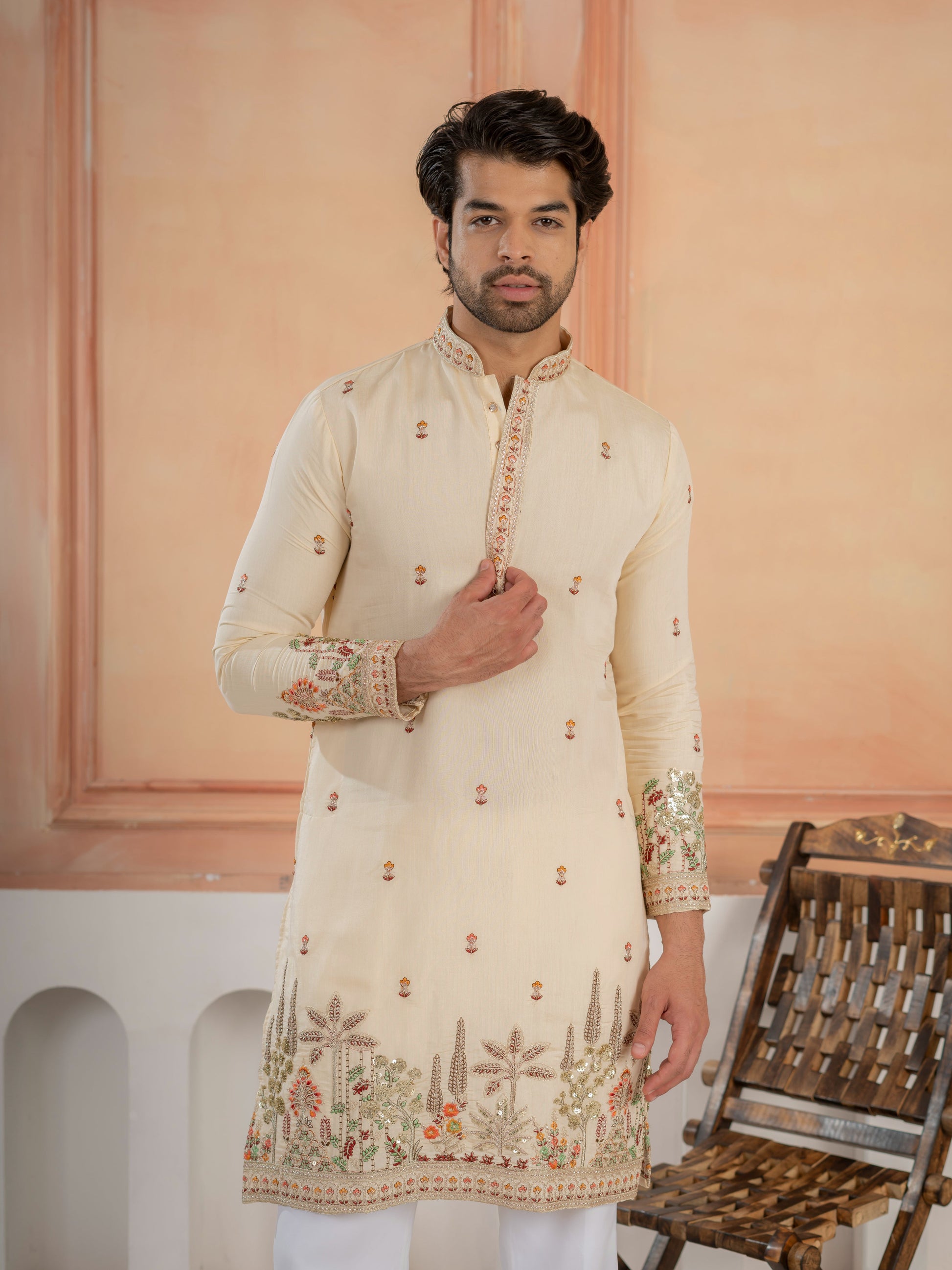 Cream Roman Shimmer Multi Color Embroidered Kurta For Festive Wear