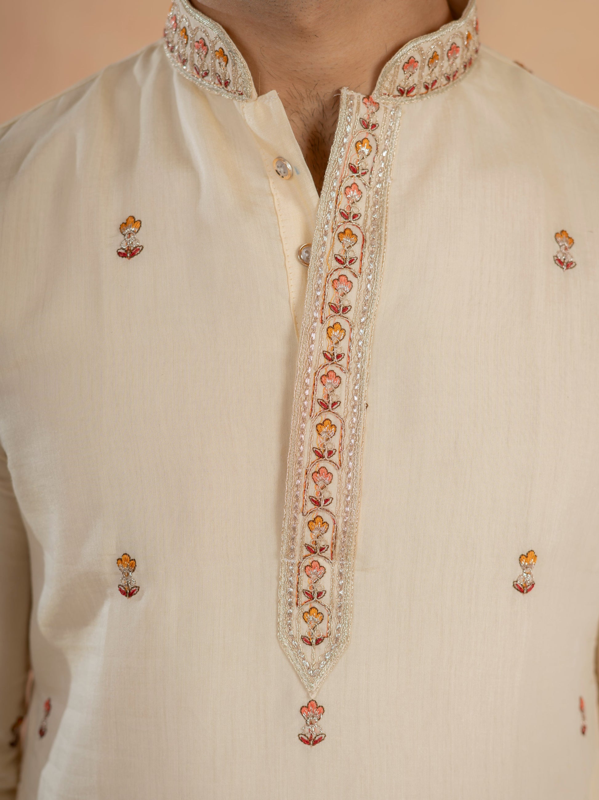 Cream Roman Shimmer Multi Color Embroidered Kurta For Festive Wear