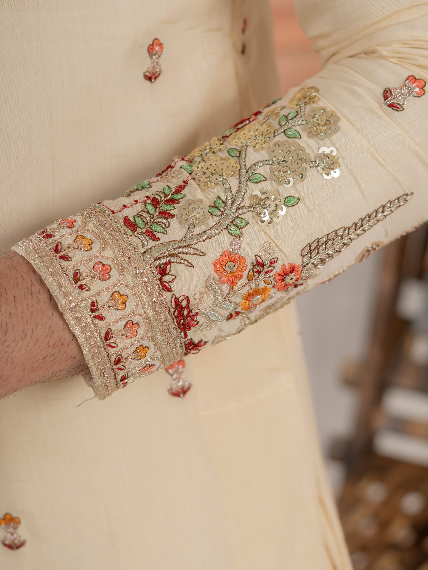 Cream Roman Shimmer Multi Color Embroidered Kurta For Festive Wear
