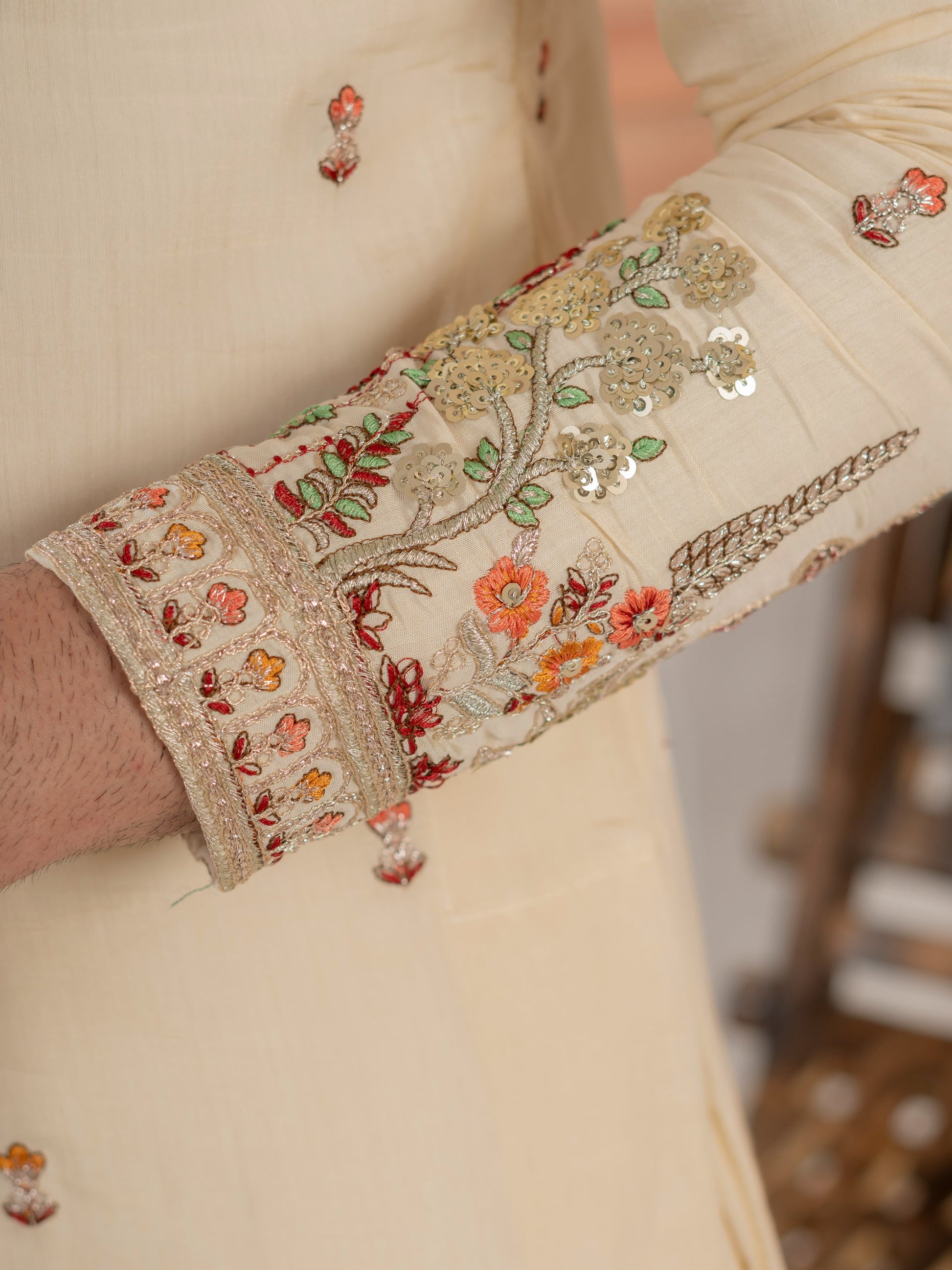 Cream Roman Shimmer Multi Color Embroidered Kurta For Festive Wear
