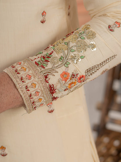 Cream Roman Shimmer Multi Color Embroidered Kurta For Festive Wear
