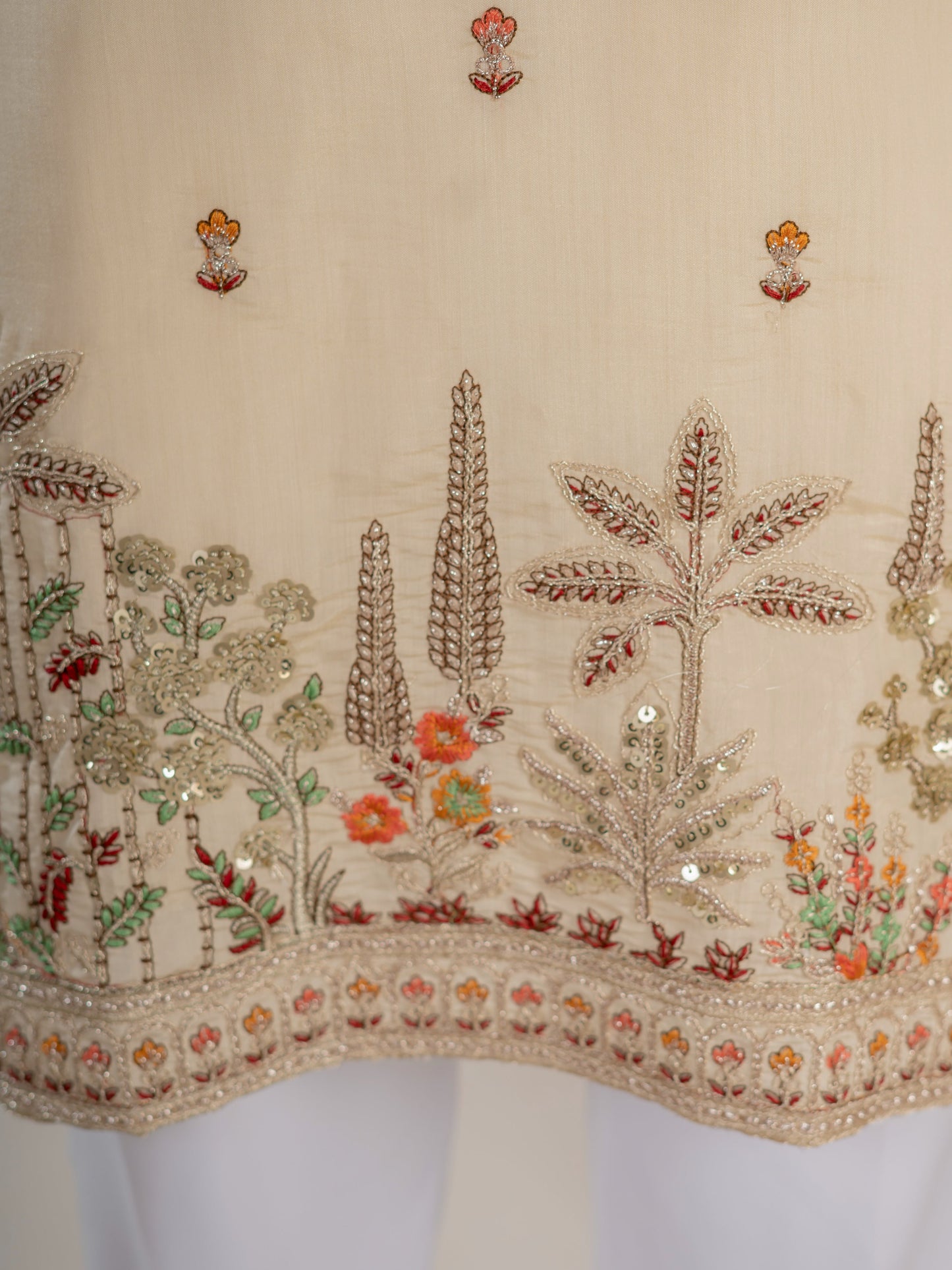 Cream Roman Shimmer Multi Color Embroidered Kurta For Festive Wear
