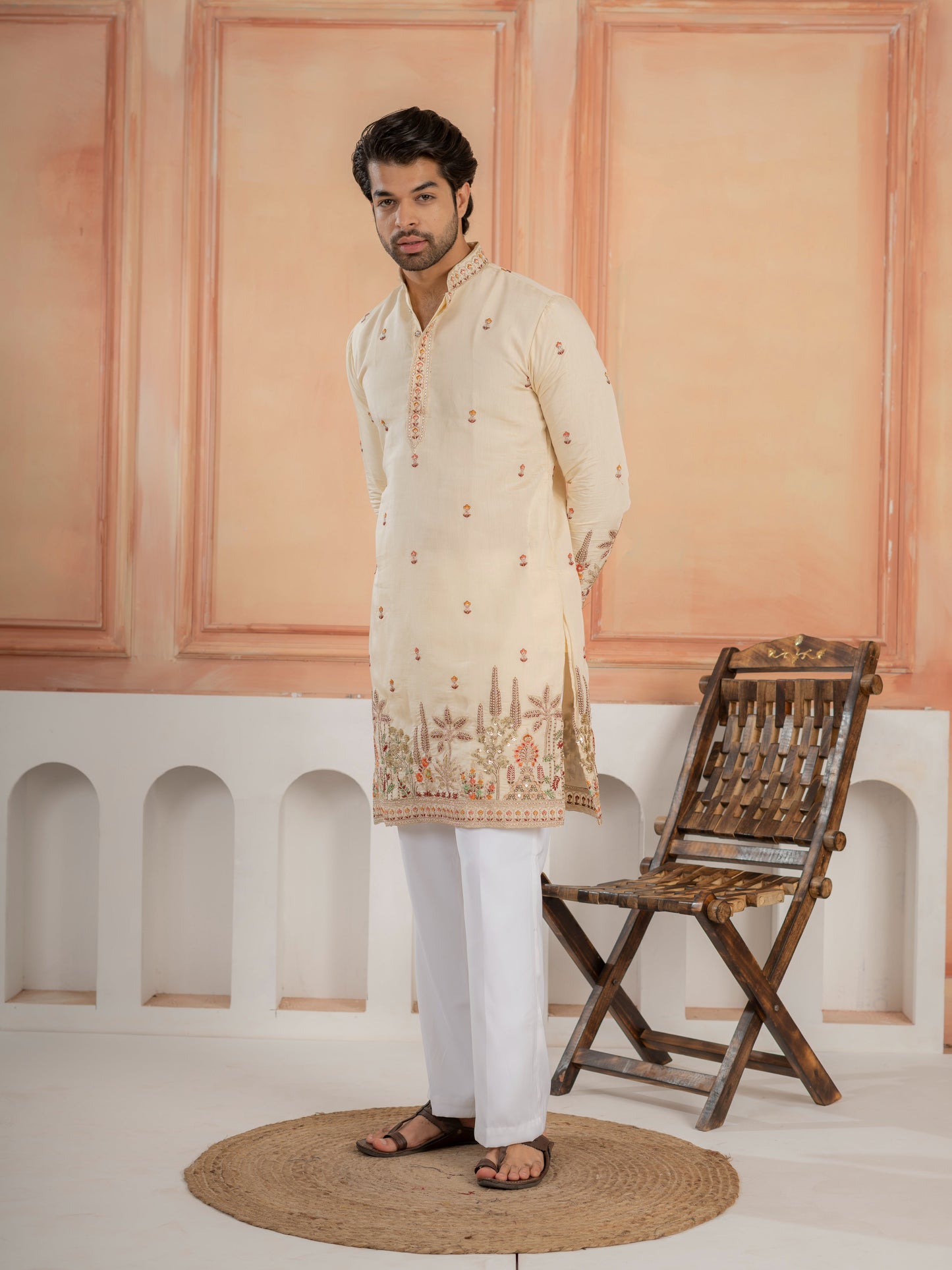 Cream Roman Shimmer Multi Color Embroidered Kurta For Festive Wear