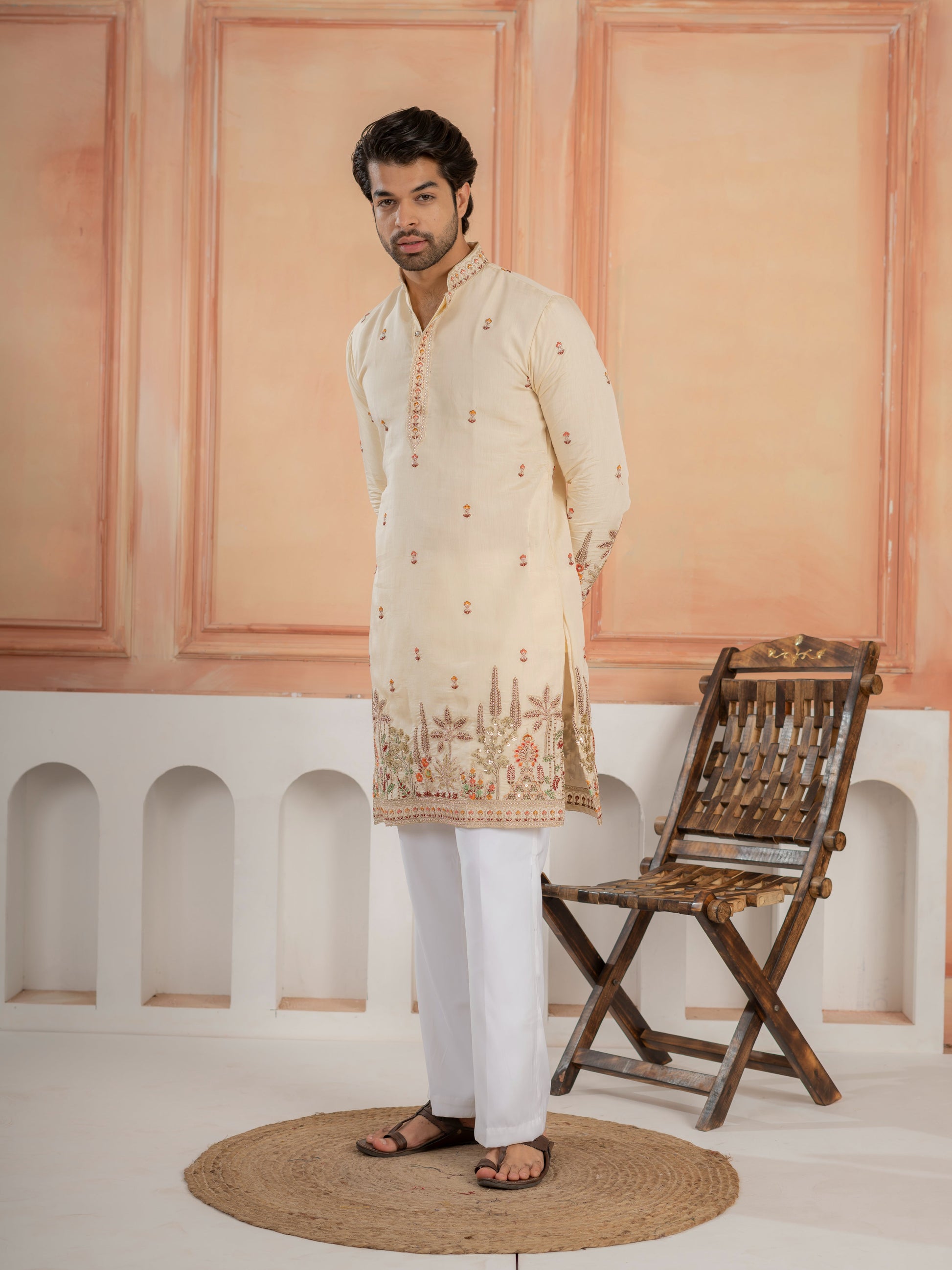 Cream Roman Shimmer Multi Color Embroidered Kurta For Festive Wear