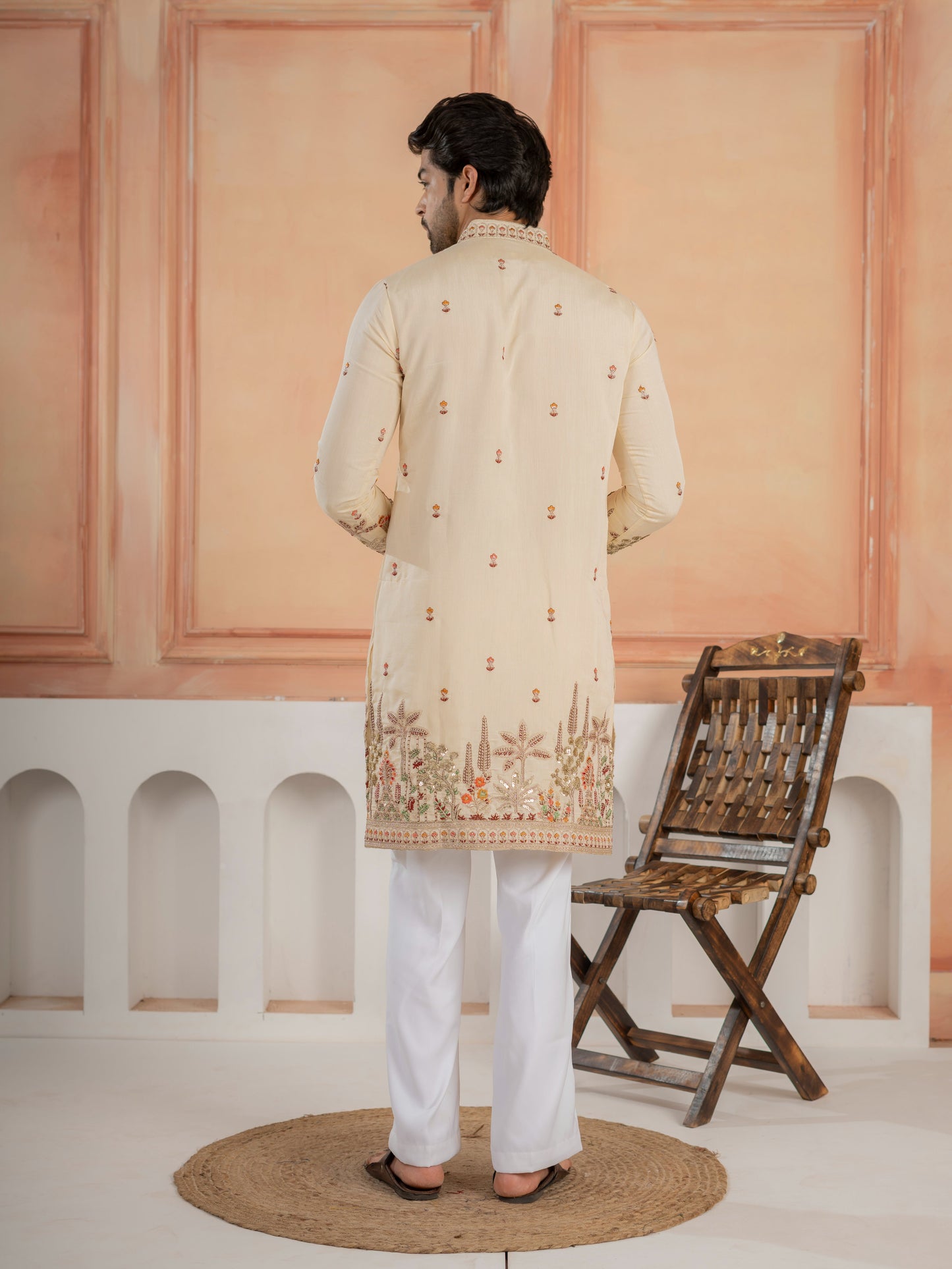 Cream Roman Shimmer Multi Color Embroidered Kurta For Festive Wear