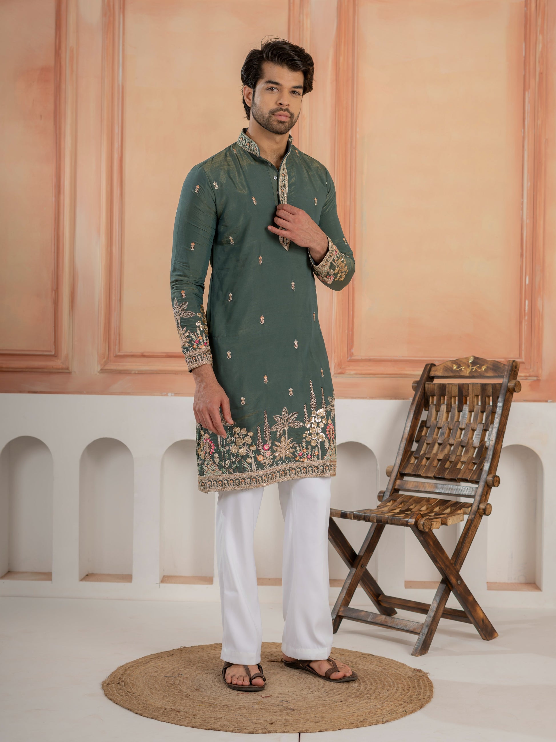 Dark Green Roman Shimmer Golden Sequence Embroidery Work Kurta Set