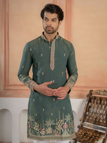 Dark Green Roman Shimmer Golden Sequence Embroidery Work Kurta Set